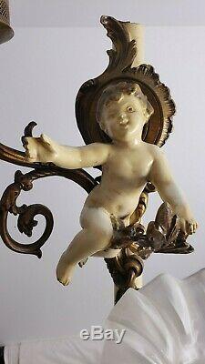 Vintage Parisian French Rococo Tension Pole Lamp Cherubs & Vianne Glass Shades