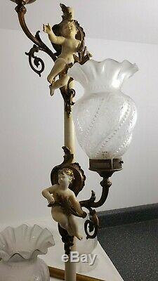 Vintage Parisian French Rococo Tension Pole Lamp Cherubs & Vianne Glass Shades