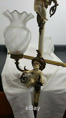 Vintage Parisian French Rococo Tension Pole Lamp Cherubs & Vianne Glass Shades