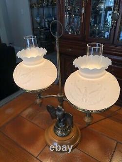 Vintage Patriotic Opal Glass Eagle Shade Double Student Lamp withEagle Statue, 24