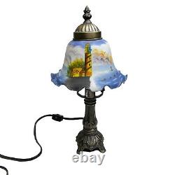 Vintage Pedal Bell Painted Glass Shade Table Lamp Lighthouse Ocean Small