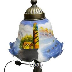 Vintage Pedal Bell Painted Glass Shade Table Lamp Lighthouse Ocean Small