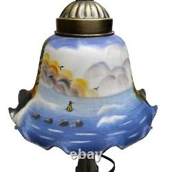 Vintage Pedal Bell Painted Glass Shade Table Lamp Lighthouse Ocean Small