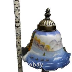 Vintage Pedal Bell Painted Glass Shade Table Lamp Lighthouse Ocean Small