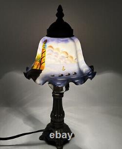 Vintage Pedal Bell Painted Glass Shade Table Lamp Lighthouse Ocean Small