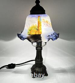 Vintage Pedal Bell Painted Glass Shade Table Lamp Lighthouse Ocean Small