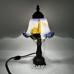 Vintage Pedal Bell Painted Glass Shade Table Lamp Lighthouse Ocean Small