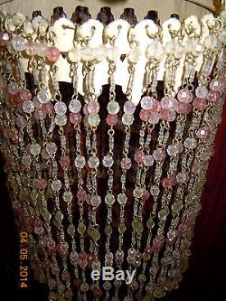 Vintage Pink & Clear Beaded Lamp Shade With Tole Frame