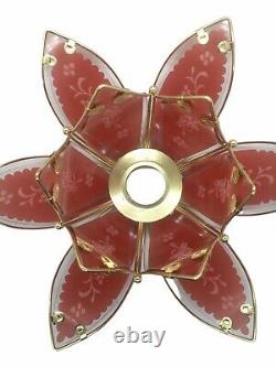Vintage Pink/Red Glass Petal Lotus Brass Flower Lamp Shade Replacement READ