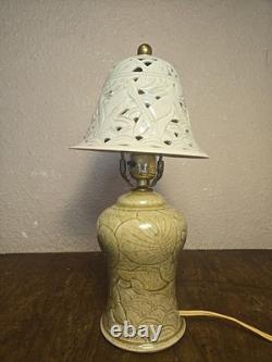 Vintage Porcelain Lamp Pierced Shade Dragonfly lily pads