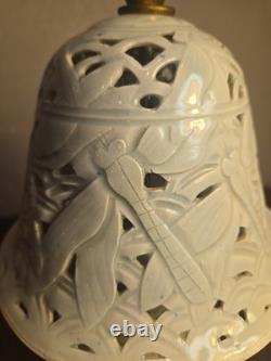 Vintage Porcelain Lamp Pierced Shade Dragonfly lily pads