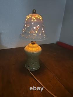 Vintage Porcelain Lamp Pierced Shade Dragonfly lily pads