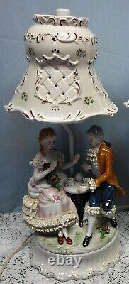 Vintage Porcelain Table Lamp & Shade of Victorian Couple Lace