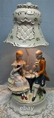 Vintage Porcelain Table Lamp & Shade of Victorian Couple Lace