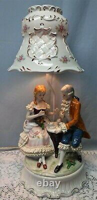 Vintage Porcelain Table Lamp & Shade of Victorian Couple Lace