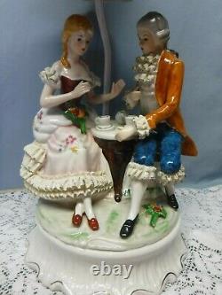 Vintage Porcelain Table Lamp & Shade of Victorian Couple Lace