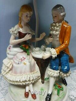 Vintage Porcelain Table Lamp & Shade of Victorian Couple Lace