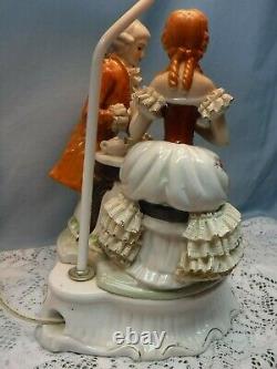 Vintage Porcelain Table Lamp & Shade of Victorian Couple Lace