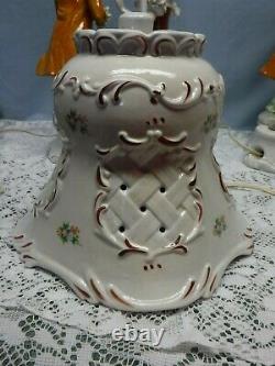 Vintage Porcelain Table Lamp & Shade of Victorian Couple Lace