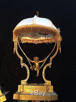 Vintage Pr. Brass/Bronze Cherub On A Swing Boudoir Lamps WithOriginal Silk Shades
