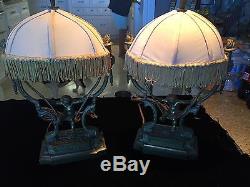 Vintage Pr. Brass/Bronze Cherub On A Swing Boudoir Lamps WithOriginal Silk Shades