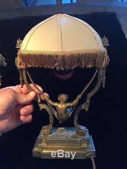 Vintage Pr. Brass/Bronze Cherub On A Swing Boudoir Lamps WithOriginal Silk Shades