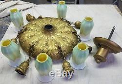 Vintage Quezal Glass Pulled Feather Lamp Shades (6) with Chandelier