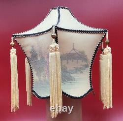 Vintage REVERSE PAINTED lamp shade silk tassels rare 6 sided lantern art Asian