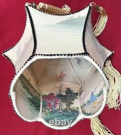 Vintage REVERSE PAINTED lamp shade silk tassels rare 6 sided lantern art Asian