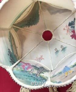 Vintage REVERSE PAINTED lamp shade silk tassels rare 6 sided lantern art Asian