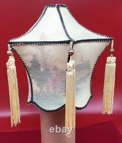 Vintage REVERSE PAINTED lamp shade silk tassels rare 6 sided lantern art Asian