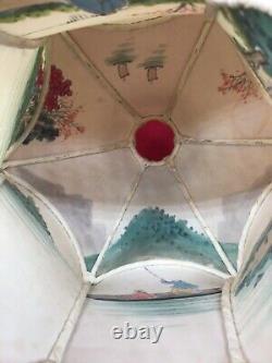 Vintage REVERSE PAINTED lamp shade silk tassels rare 6 sided lantern art Asian