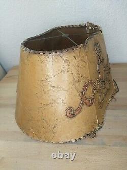 Vintage Rare Brown Leather Pattern Rectangle Bell Lampshade With Coat Of Arms