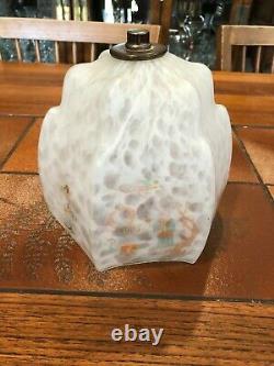 Vintage Rare Hexagonal Frosted Glass Hand Painted Chinese Scene Shade, 6 1/2 H