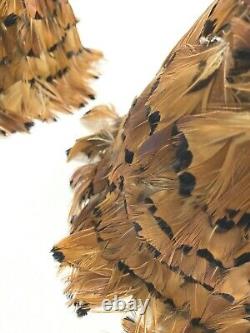 Vintage Real Feather Lampshades Pair Pheasant Clip On Sconces Small Brown Black