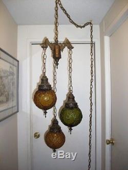 Vintage, Retro, Gothic, 3 Light, Triple Hanging Swag Lamp, Green, Amber, Shades