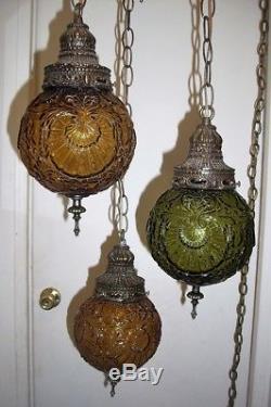 Vintage, Retro, Gothic, 3 Light, Triple Hanging Swag Lamp, Green, Amber, Shades
