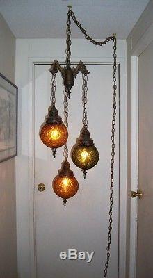 Vintage, Retro, Gothic, 3 Light, Triple Hanging Swag Lamp, Green, Amber, Shades