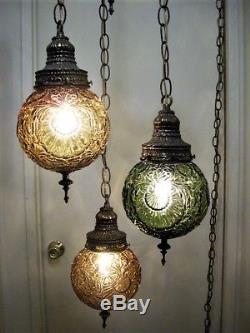 Vintage, Retro, Gothic, 3 Light, Triple Hanging Swag Lamp, Green, Amber, Shades