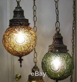 Vintage, Retro, Gothic, 3 Light, Triple Hanging Swag Lamp, Green, Amber, Shades