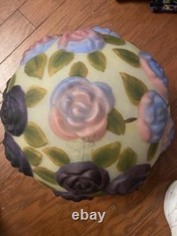 Vintage Reverse Hand Painted Puffy Flowers Lamp Shade Globe Floral Leaves Glass
