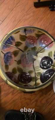 Vintage Reverse Hand Painted Puffy Flowers Lamp Shade Globe Floral Leaves Glass