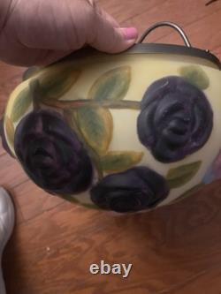 Vintage Reverse Hand Painted Puffy Flowers Lamp Shade Globe Floral Leaves Glass