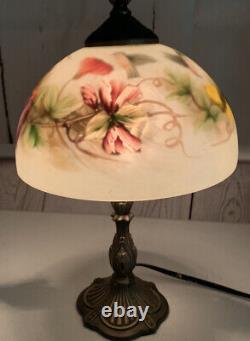Vintage Reverse Painted Glass Shade Accent Lamp HUMMINGBIRDS Floral Bronze 13