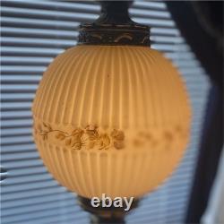 Vintage Ribbed White Glass Globe Shade Floral Band Pull Chain, Hanging