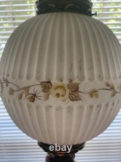 Vintage Ribbed White Glass Globe Shade Floral Band Pull Chain, Hanging
