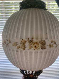 Vintage Ribbed White Glass Globe Shade Floral Band Pull Chain, Hanging