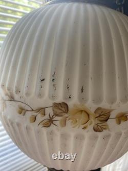 Vintage Ribbed White Glass Globe Shade Floral Band Pull Chain, Hanging