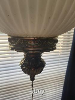 Vintage Ribbed White Glass Globe Shade Floral Band Pull Chain, Hanging