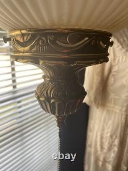 Vintage Ribbed White Glass Globe Shade Floral Band Pull Chain, Hanging